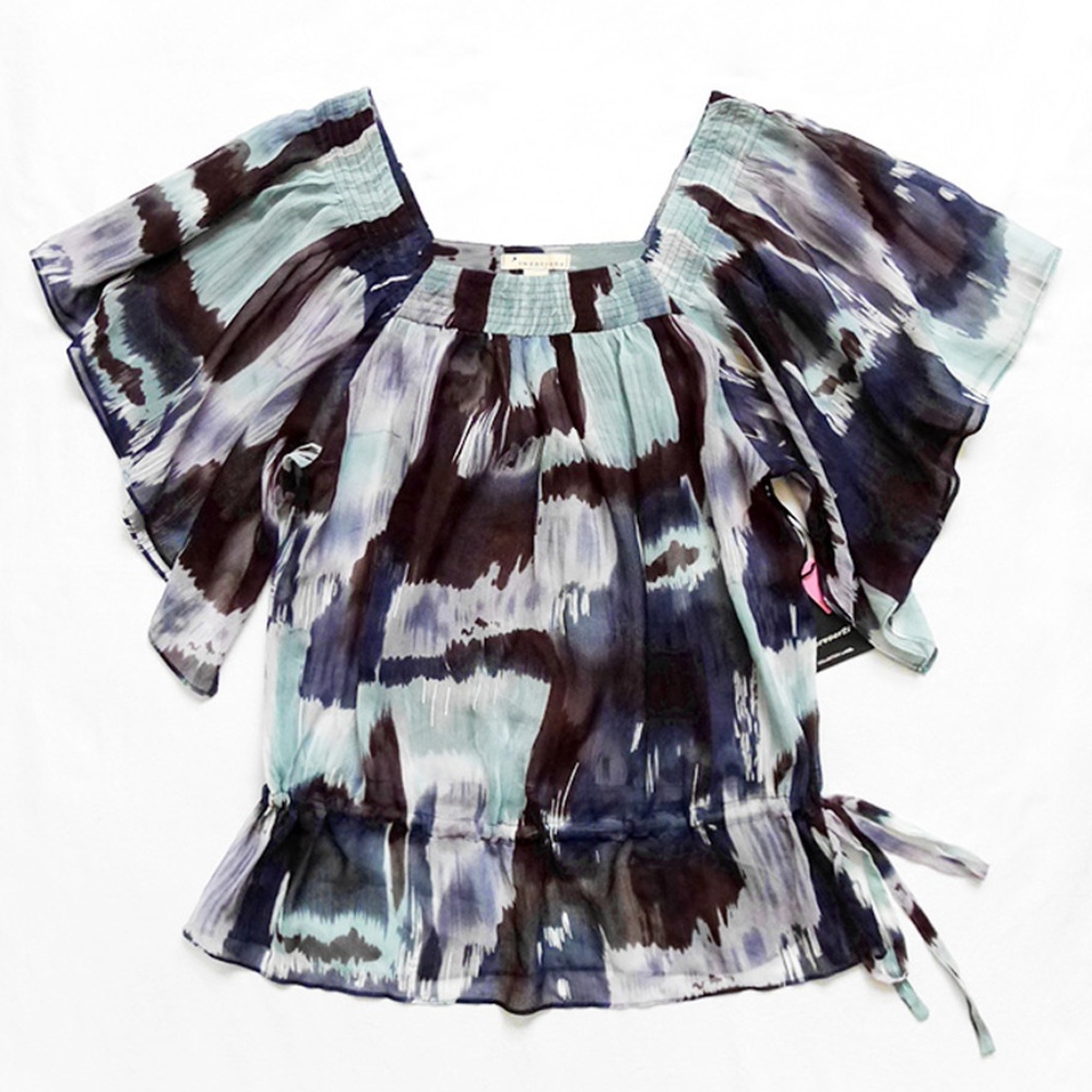 Sheer Flutter Sleeves Tie Waist Watercolor Tunic S